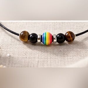 💎Pride Necklace, Wire Choker with Brown Beads and One Center Pride Bead